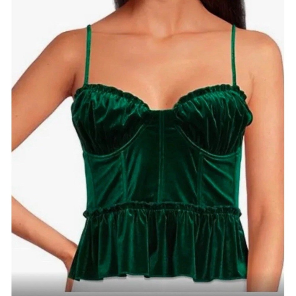 New Green Velvet Babydoll‎ Corset Top For M Adj Straps Ruffle Stretch Whimsigoth